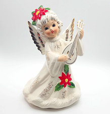 Vtg LEFTON Poinsettia Angel Music Box Figurine Lute Mandolin Japan 1889 MCM picture