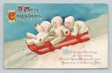 Vintage Ellen Clapsaddle Christmas Children Sledding Snow 1910s Postcard picture
