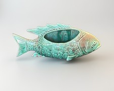 Vintage Ceramic Fish Planter Decor Majolica Style Turquoise Pottery Ocean Theme picture