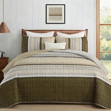 Quilted Bedspread Set 3 Piece Green Beige Tribal Striped Farmhouse Coverlet picture