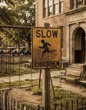 Vintage 1940s Heavy Gauge Steel SLOW CHILDREN Embossed Letter Metal Sign picture