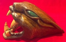 Large Vintage Mexican Mayan Hand Carved & Hand Painted Wooden Jaguar Head picture