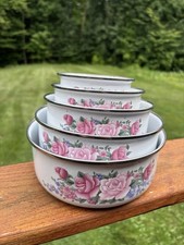 Vintage GMI Enamelware Nesting Bowls Set of 5 Pink Roses Floral Design Retro picture