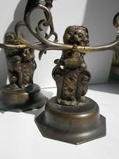 Pair Antique Bronze Candelabras Lions Holding Coat of Arms 19th century  picture