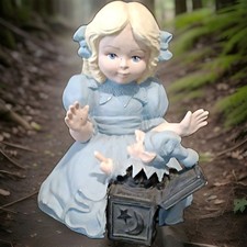 Painted Resin Girl Figurine Blue Dress with Toy Chest Decorative Sculpture picture