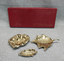 Vintage Virginia Metalcrafters Brass Christmas Sampler Leaf Dish Set Boxed 3 picture