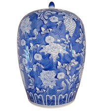 Vintage Chinese Chinoiserie Porcelain Melon Ginger Jar Blue & White Lidded 14x9” picture