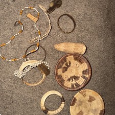 Vtg African Tribal Lot Boar Tusk Cowrie Shell Armband Coiled Woven Baskets Art picture