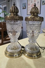 Vintage Pair Crystal Boudoir Urn Table Lamps with Satin Brass Finish Toppers picture