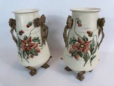 Antique French Onnaing Art Nouveau Majolica Vase Pair Model 672 c1900 Barbotine picture