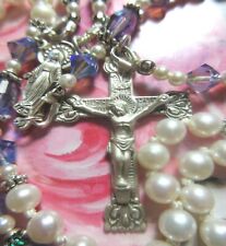 Freshwater Pearl Rosary Hand Knotted with Swarovski Tanzanite AB Beads .925 SS picture