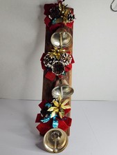 Vintage Christmas Wall Hanging Bells Pinecones Aluminum Flowers Wood Slat 15” picture