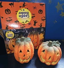 Halloween Pumpkin Candle Holders Hand Painted Cernamic New Open Box Fall Season picture
