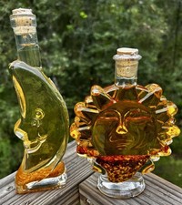 Vintage Crescent Moon & Sun Face Figural Celestial Glass Bottles With Cork picture