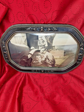 Antique convex bubble glass ornate frame & old car photograph picture