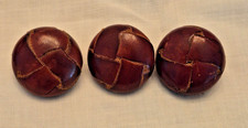 VINTAGE GENUINE LEATHER WOVEN BUTTONS w METAL SHANKS-3, MEDIUM BROWN picture