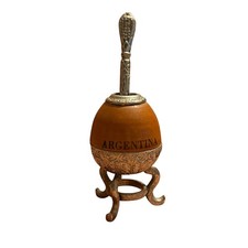 VTG Argentina Yerba Mate Gourd Tea Cup Alpaca Silver Stand & Bombilla Straw picture