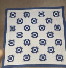 Quilt Top Antique 1800s Blue & White Monkey Wrench Churn Dash Patchwork Cutter picture