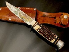 Vintage Solingen Germany Stag Slab Side 7-1/2” Hunting Knife Deep Etched MINT picture