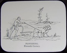 Glass Magic Lantern Slide 11TH CENTURY PLOUGHING C1890 DRAWING MEDIEVAL FARMER  picture