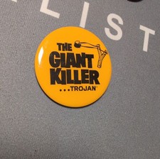 Vintage Trojan Condoms The Giant Killer Slingshot Advertising Pinback Button picture