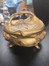Antique Art Nouveau Jewelry Trinket Box Gold Metal Footed Rogers Flower picture