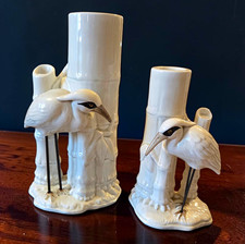 Fitz and Floyd White Ceramic Crane Heron Figurines Bamboo Vase Set of 2 1977 picture