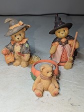 3 Halloween Cherished Teddies - Hazel, Gretel, and 1998 Pumpkin Tea Light picture