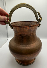Antique Hand Hammered Copper Pot Vase Planter Jug with Heavy Brass Snake Handle picture