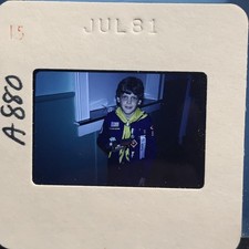 Vintage 1981 35mm Slide - Young Cub Scout Boy Holding Toy Car Americana Photo picture