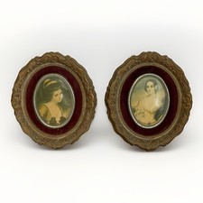 VTG Pair Cameo Portrait Pictures Gold Wood Red Velvet Victorian Style Set Oval picture