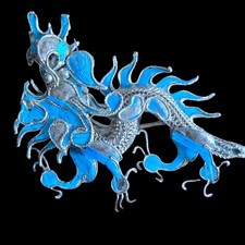 Antique Chinese Tian-Tsui Dragon Brooch Genuine Blue Kingfisher Featherwork picture