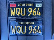 Vintage Original 1963 California License Plate Set WQU 964 Yellow & Black Nice picture