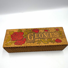 Antique Flemish Art Pyrography Wood Gloves Box Hand Painted Red Roses 1900s picture