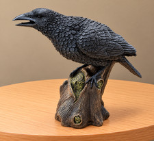 Large Raven Crow Figurine Perched on Tree Stump Gothic Resin Bird Statue picture