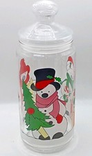 Vintage Clear Glass Christmas Snowman Canister Jar w Lid, 10 in Cylinder picture