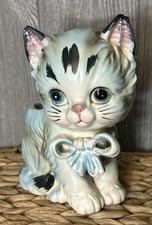 Vintage Lefton Ceramic White Blue Kitten Cat Planter Big Eye Kitsch Cute Bow picture