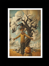 VTG Style Blank Postcard Scarecrow Pumpkin Crows Halloween Fall Harvest picture