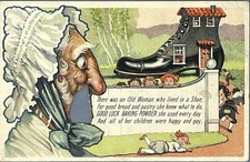Advertising Good Luck Baking Powder Old Woman in a Shoe c1910 Novelty Postcard picture