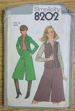 VTG Simplicity Pattern 8202 Miss Size 12 Gauchos Culottes Jacket Vest UNCUT 1977 picture