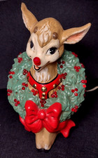 Vtg Rudolph Reindeer Light Up Nose & Christmas Wreath Ceramic Pin Light Figurine picture