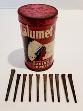 VTG 1950 CALUMET BAKING POWDER TIN W/OLD SQUARE-HEADED NAILS-10 OF THEM picture