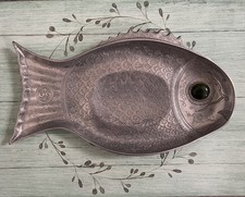 VTG ARTHUR COURT 1977 Fish Aluminum 12” Long Platter Tray w/ Green Agate Eye HTF picture