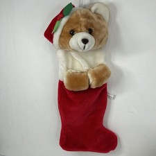 Vtg Teddy Bear Christmas Stocking 3D Plush Stuffed Animal Tan Red Hat Holly 20” picture