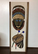 Vintage MCM Gravel Wall Art Tribal 24x9” PQS 15 Primitive Mask & PQS 16 Shield picture