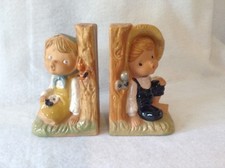 Enesco Boy/Girl Country Woods Big Eye Vintage Bookends Collectible Vintage picture