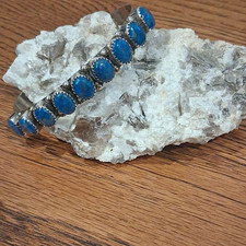 Vintage Native Made Sterling Silver Turquoise Row Cuff Bracelet picture