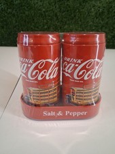 Coca-Cola Tin Salt & Pepper Shaker Set with Metal Caddy Vintage Style Sealed NEW picture