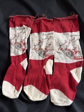 Set Of 3 Vtg Christmas Stockings Santa Claus Reindeer Sleigh Toys 1930s/40s picture
