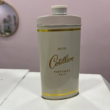 VINTAGE AVON Cotillion Perfumed Talc. 75% FULL?  Rose Gold Tin. Unique Find. picture